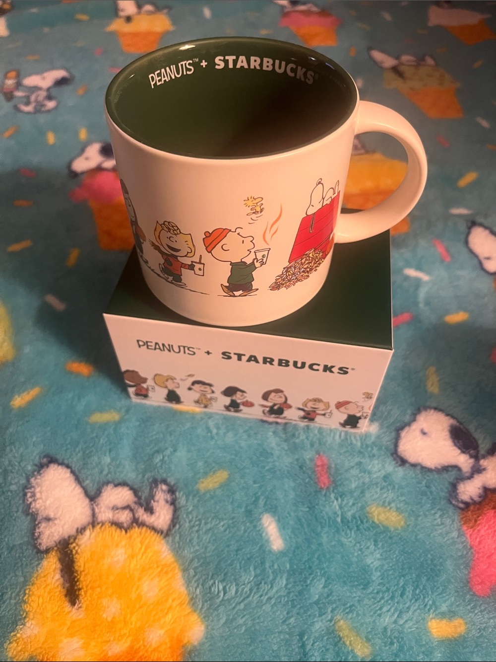 Peanuts Starbucks Kids Mug White with Green Interior and Multicolor Characters